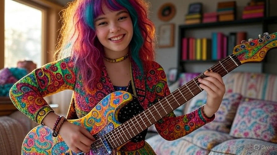 Colorful girl playing guitar.