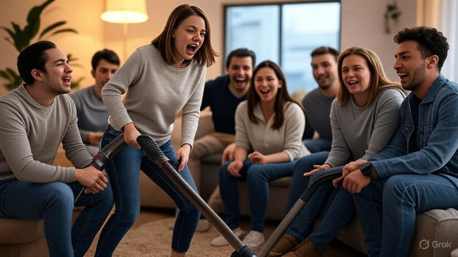 Group laughing with vacuum.