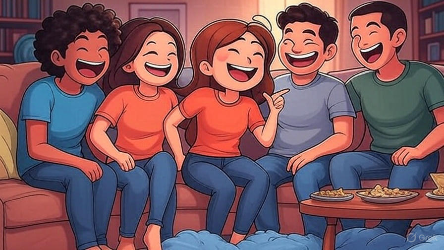 Friends laughing on couch together.