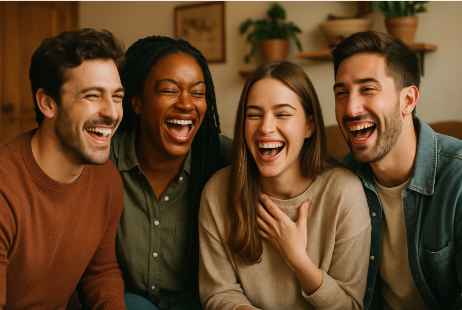 Friends laughing together indoors.