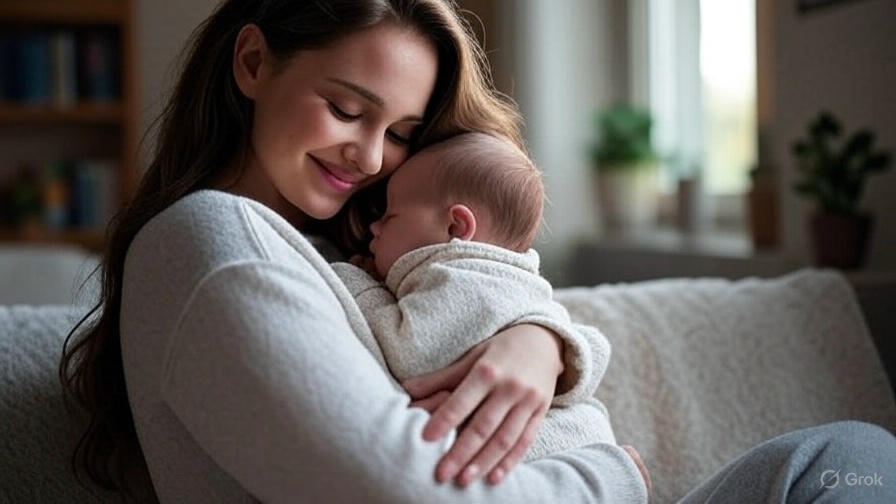 Mother cradling newborn baby.