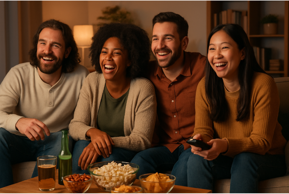 Friends laughing watching TV