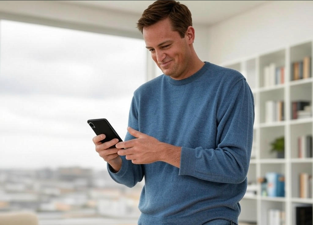 Man smiling using smartphone