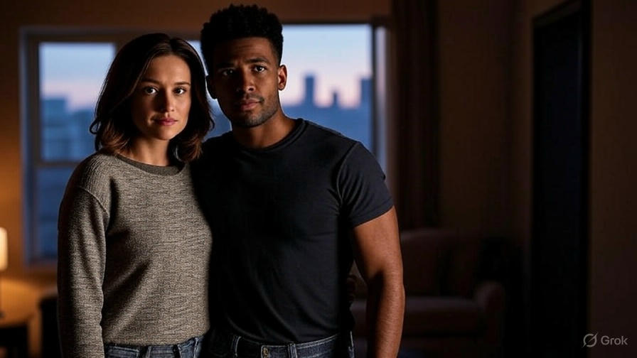 Couple posing in warm room.
