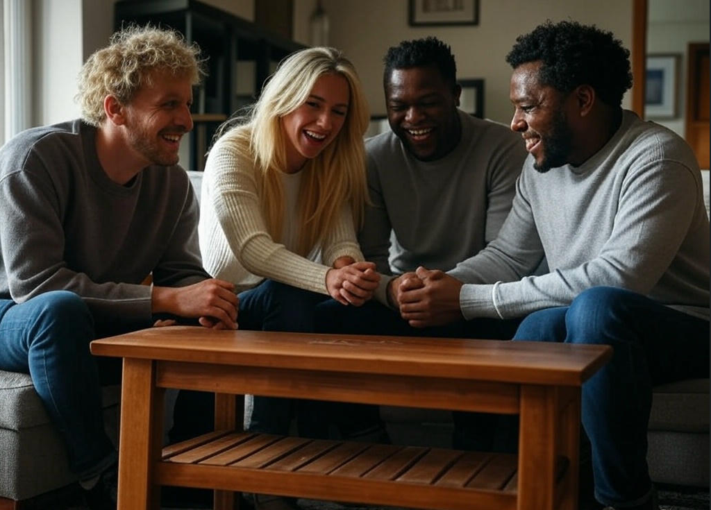 Friends laughing together indoors