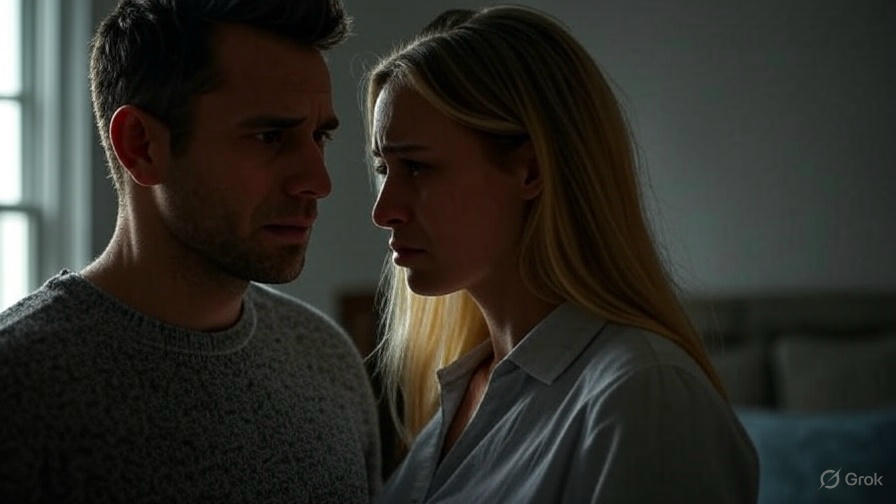 Serious couple in room.