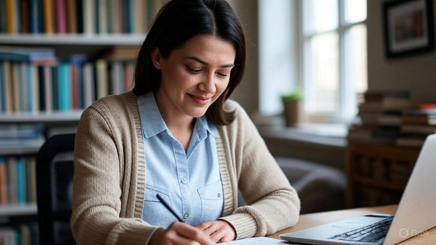 Woman writing at desk.