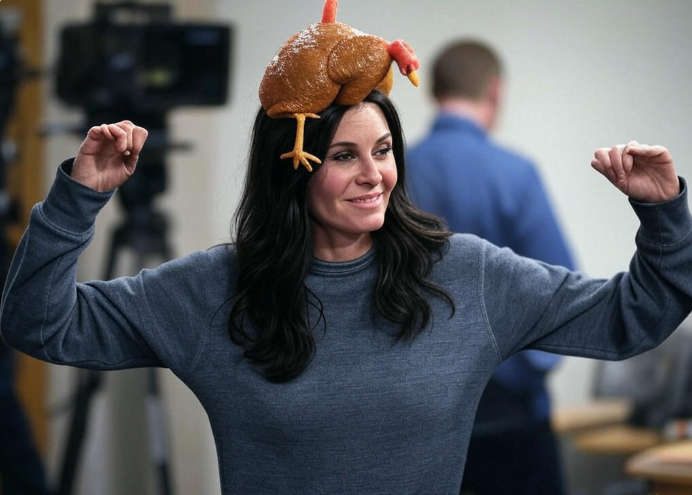 Woman wearing turkey hat
