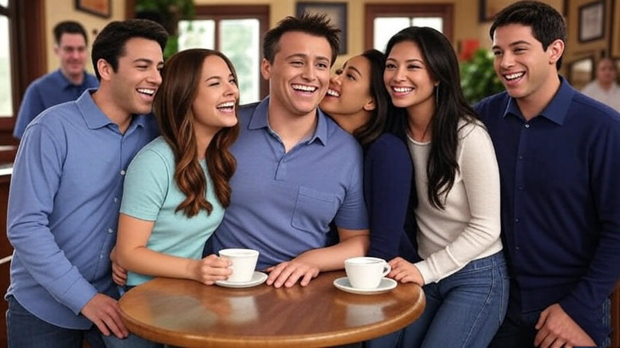 Friends laughing at cafe.