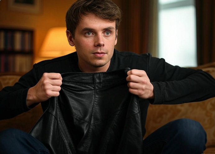 Man holding leather jacket