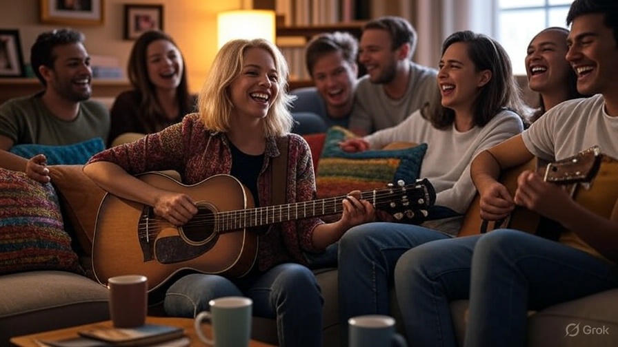 Friends playing guitars together.