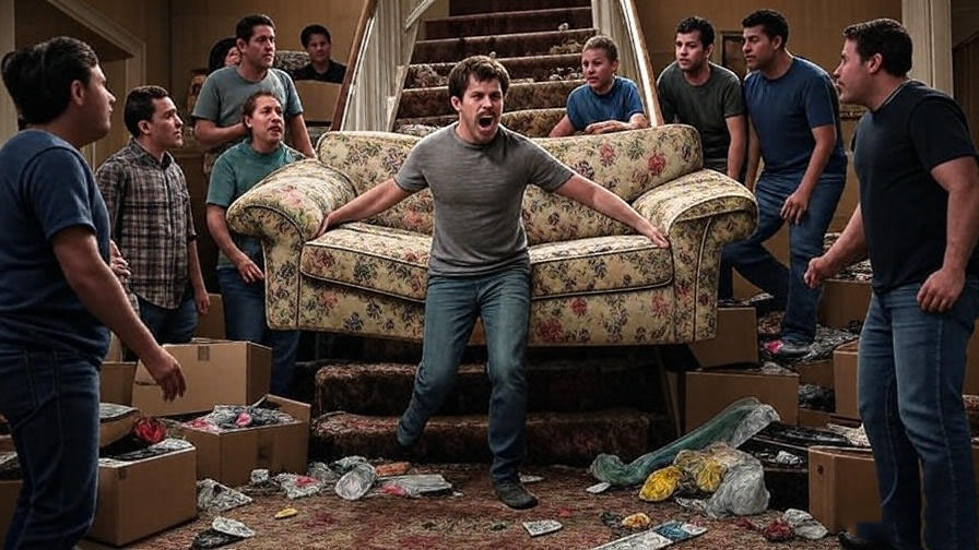 Man moving couch, chaos
