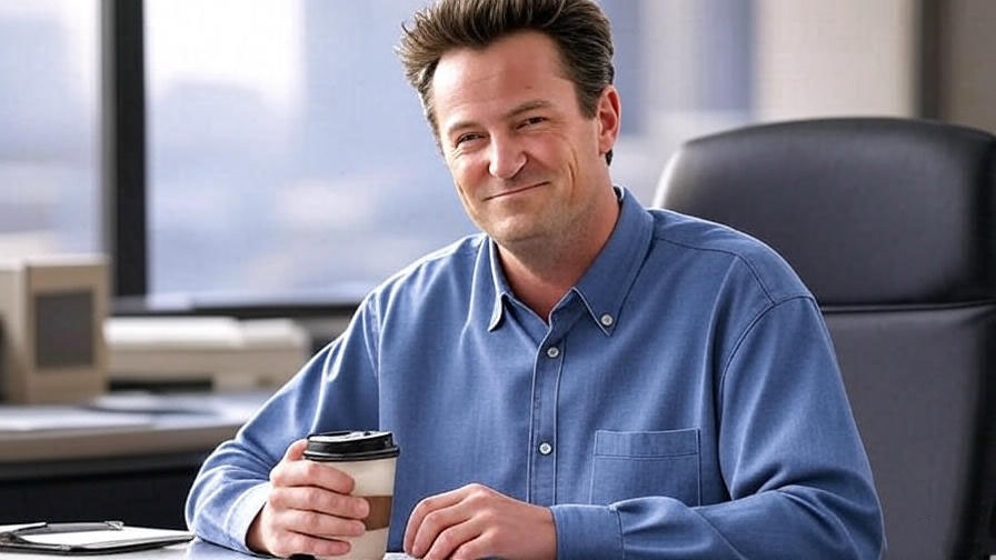 Man with coffee in office.