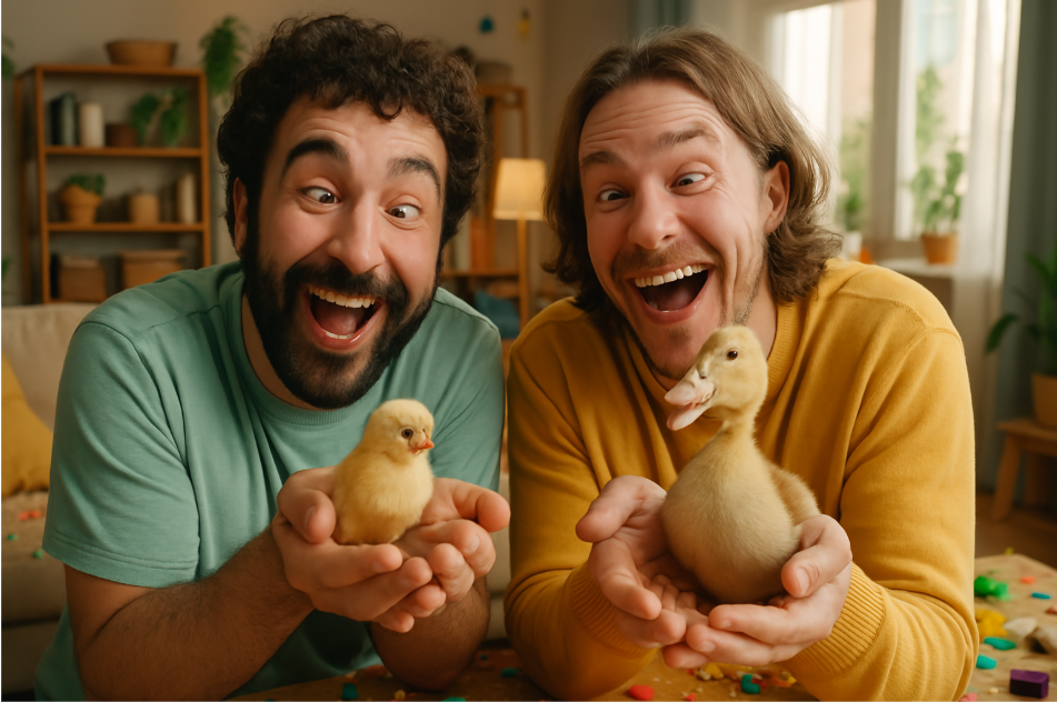 Men joyfully holding ducklings