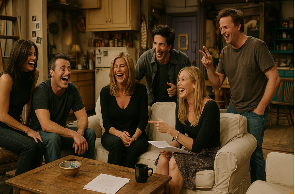 Friends laugh in cozy room