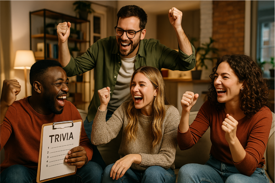 Friends celebrating trivia win.