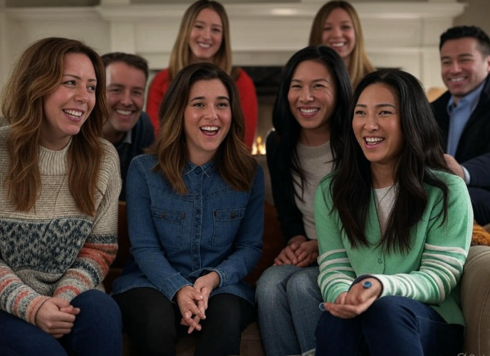 Group smiling by fireplace.