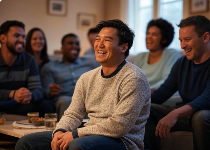 Group laughing in living room.