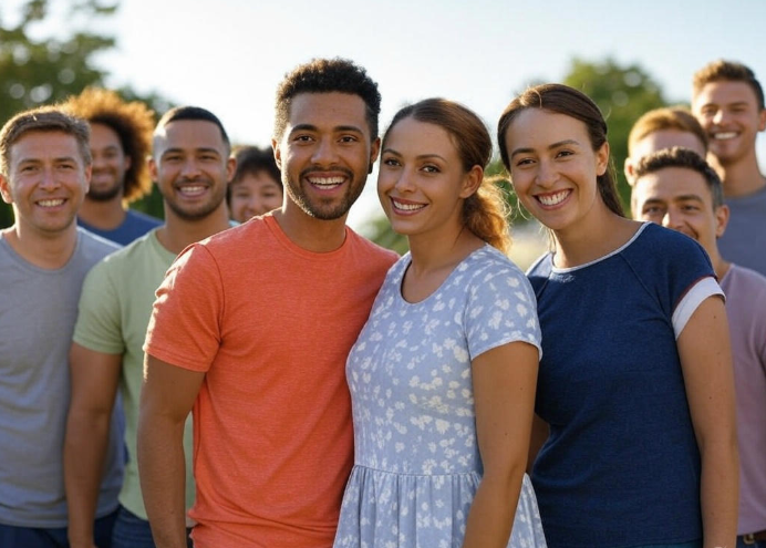 Group smiling outdoors together.
