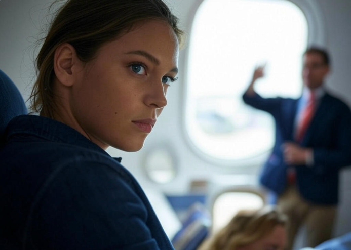 Woman on airplane, looking aside.
