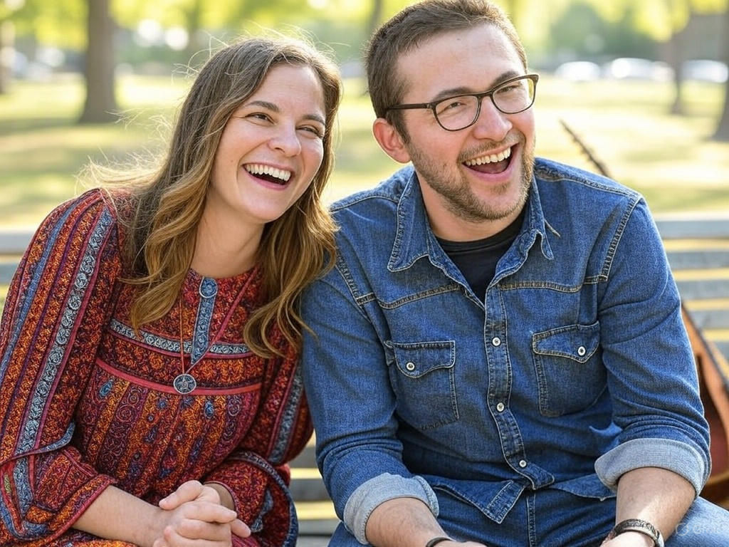 Couple laughing on bench.
