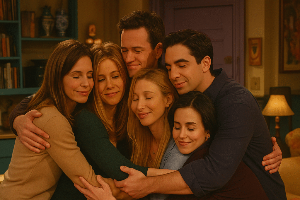 Group hug in living room.