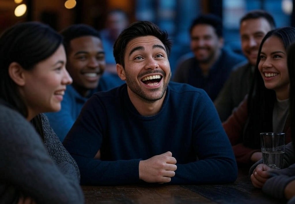 Friends laughing at table.