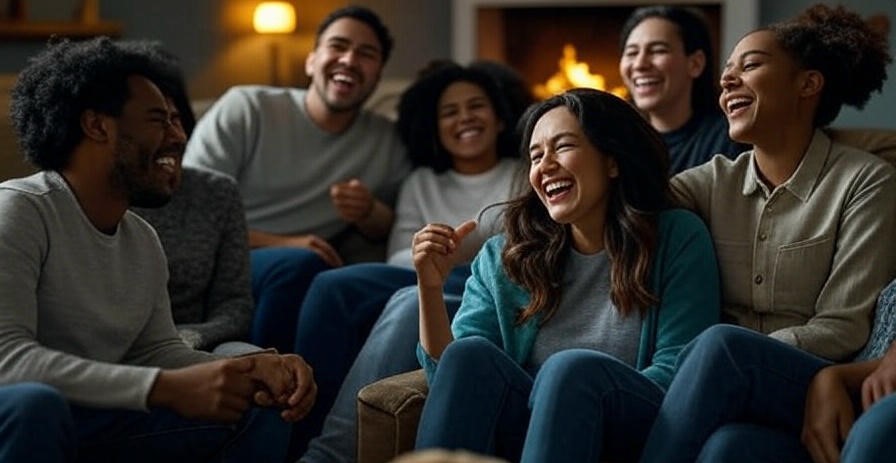 Group laughing by fireplace.