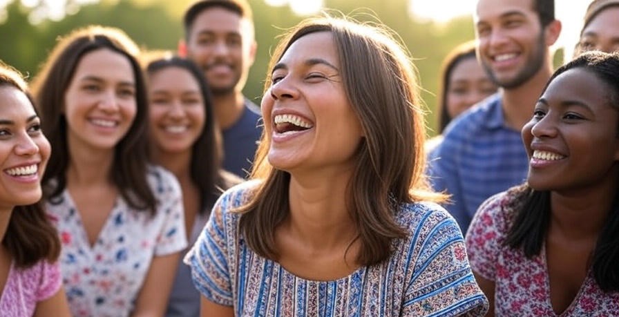 Group laughing outdoors together.
