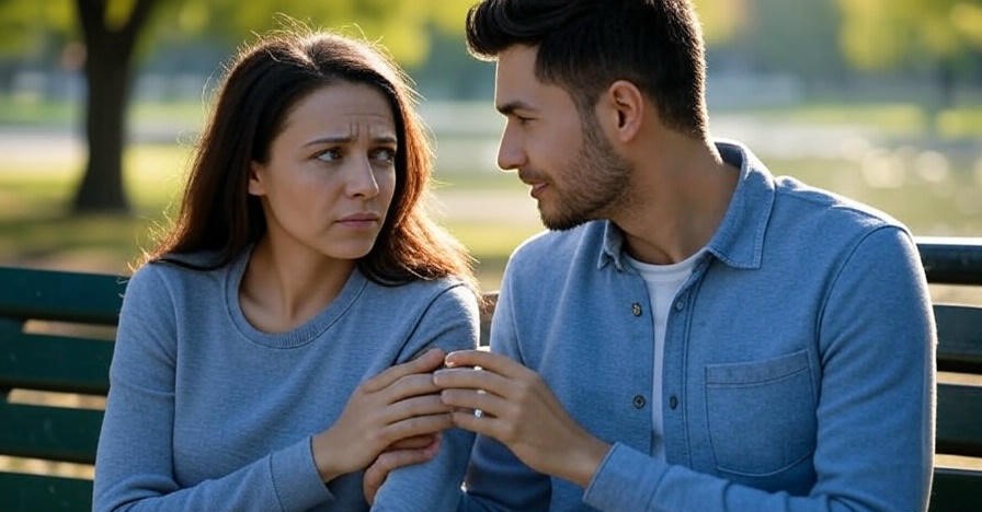 Couple discussing on bench.