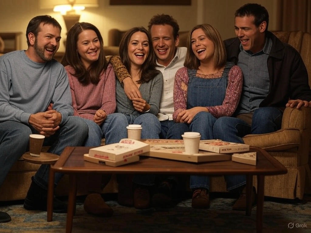 Group enjoying pizza and coffee