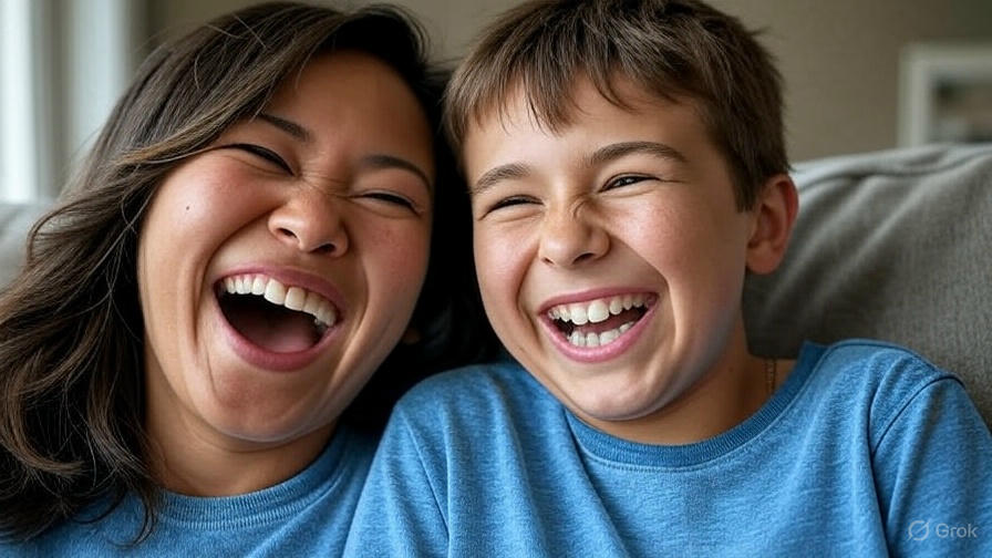 Two people laughing together.