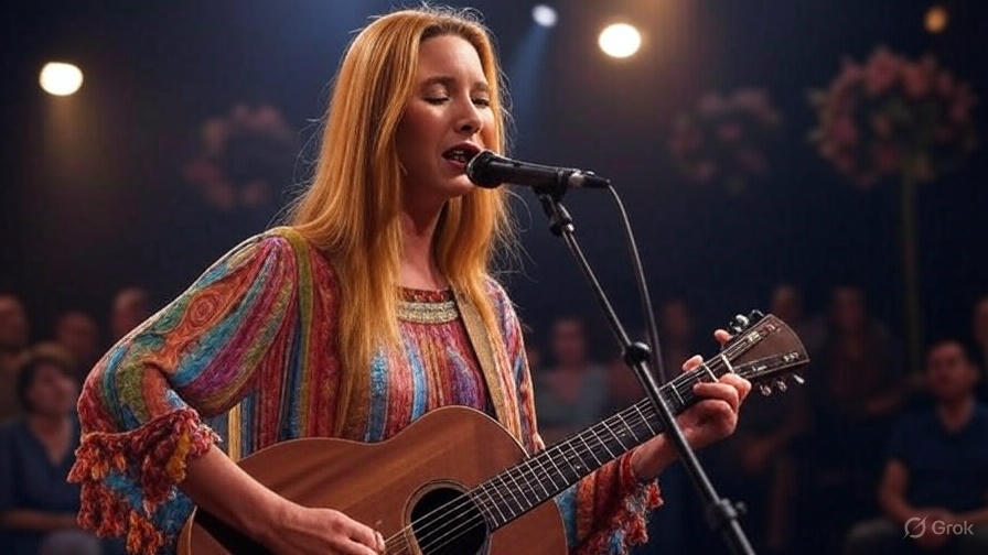 Woman singing with guitar.