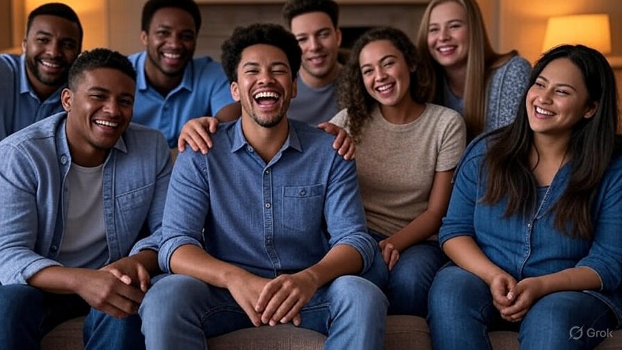 Joyful group on couch.
