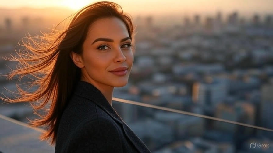 Woman on city rooftop.