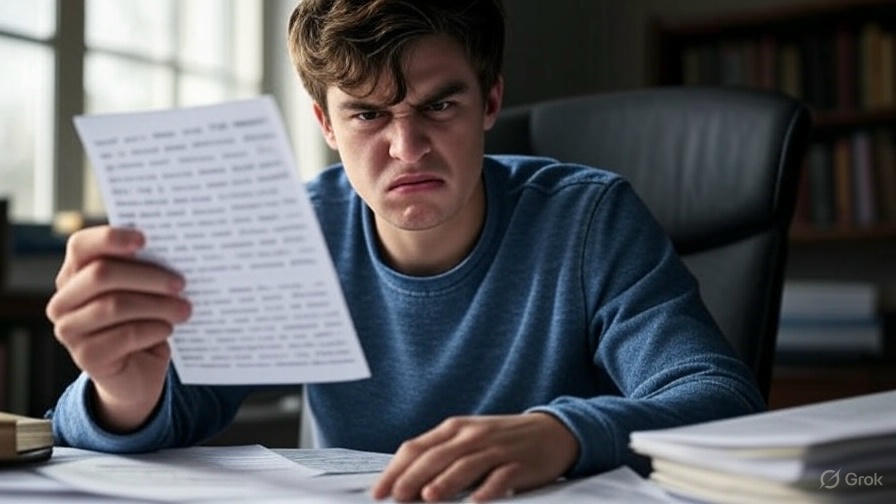 Person reading paper, frustrated.