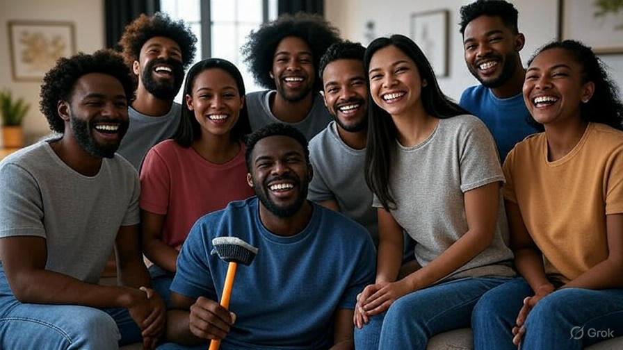 Group smiling with mop.