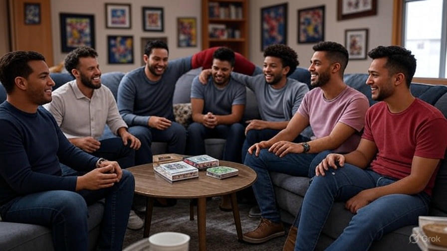 Friends chatting on couches.