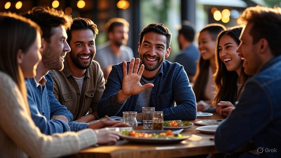 Group dining and waving
