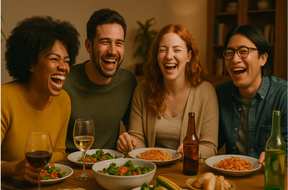 Friends laughing over dinner