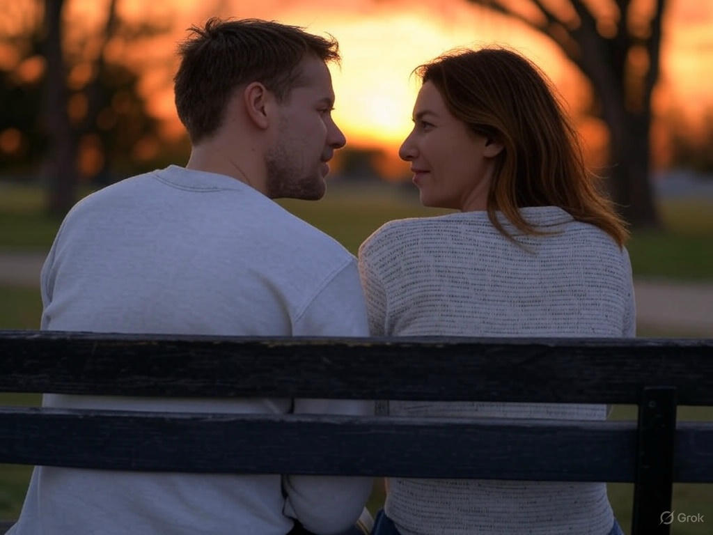 Couple on bench at sunset.