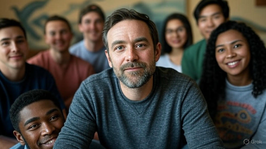 Group smiling together indoors.