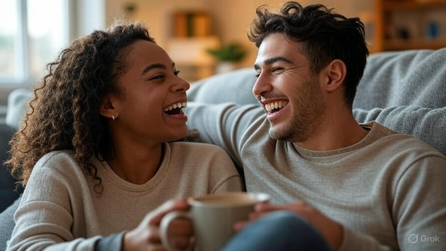 Laughing couple with coffee mugs.