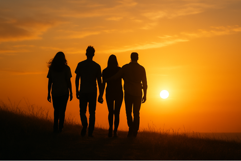 Friends walking at sunset