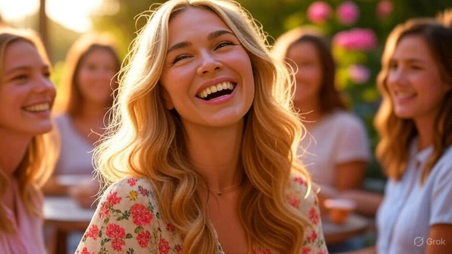 Women laughing at outdoor gathering.