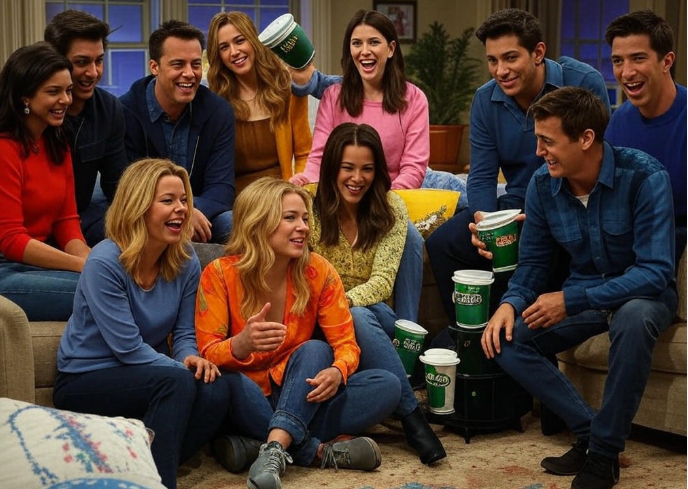 Group laughing with drinks.