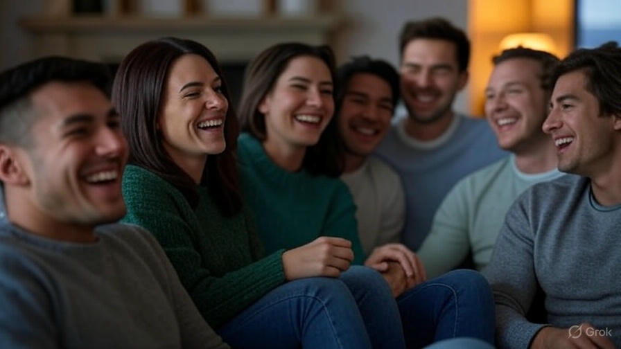 Friends laughing together indoors.