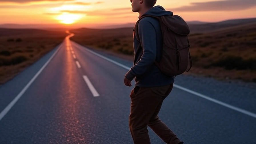 Backpacker on sunset road.