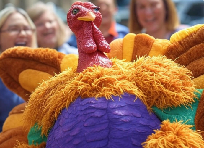 Colorful turkey parade float