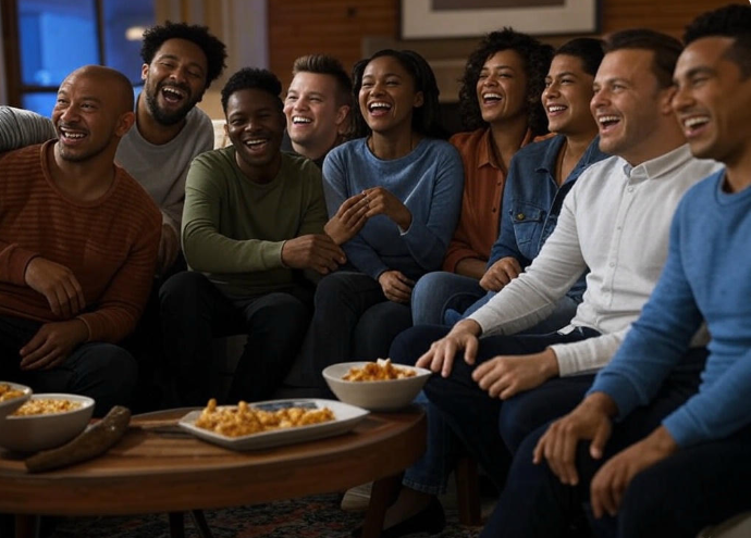 Smiling friends sharing dinner
